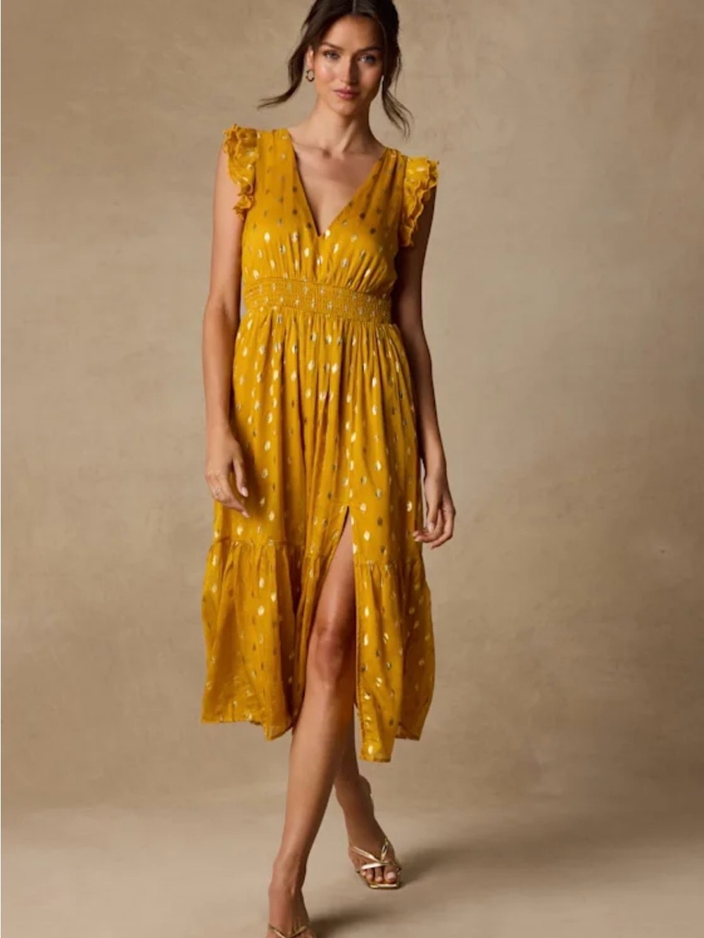 Lulu's Yellow Maxi Dress with Gold Foil Dots NWT